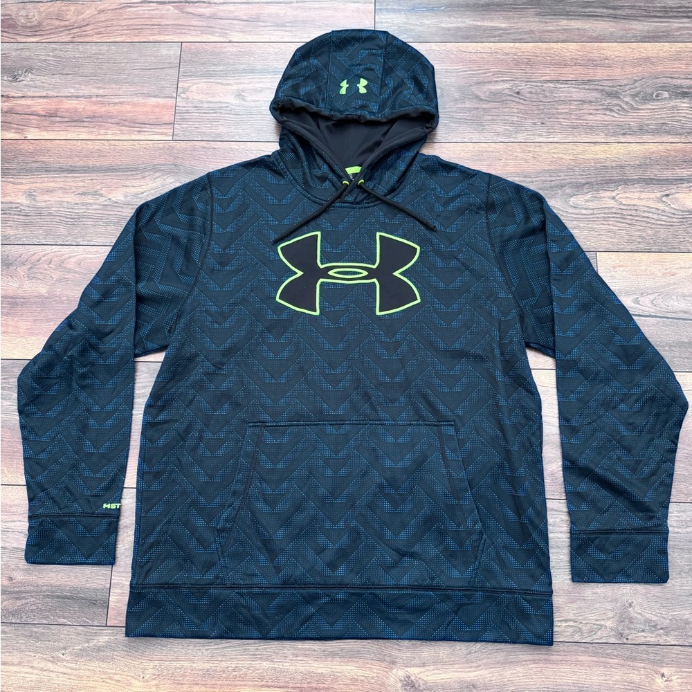 Under Armour Men’s Black Hoodie with Neon Green & Blue Accents in Size XL